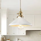 1-Luce Ceramica Bianca Vintage Pendente Conico Pieghettato
