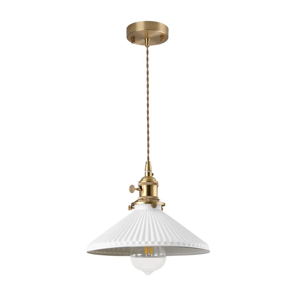 1-Luce Ceramica Bianca Vintage Pendente Conico Pieghettato