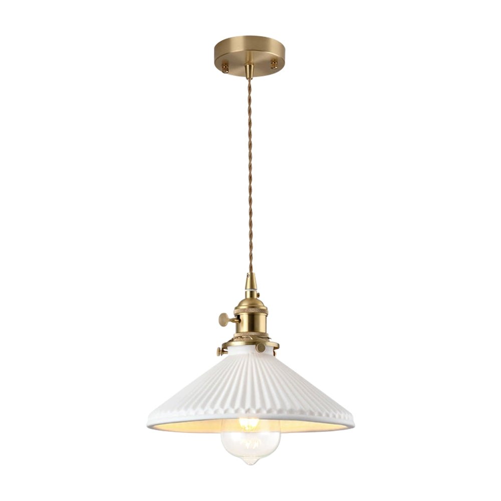1-Luce Ceramica Bianca Vintage Pendente Conico Pieghettato