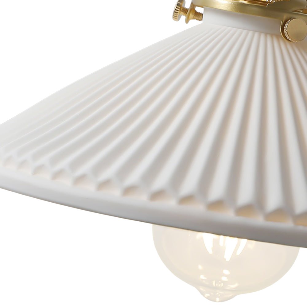 1-Luce Ceramica Bianca Vintage Pendente Conico Pieghettato