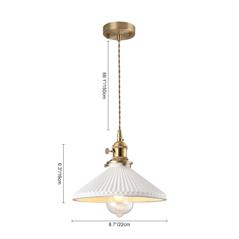 1-Luce Ceramica Bianca Vintage Pendente Conico Pieghettato