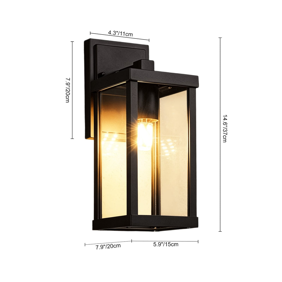 1-Luce Chiara Vetro Industriale Rettangolare Nera Lampada da Parete Esterno