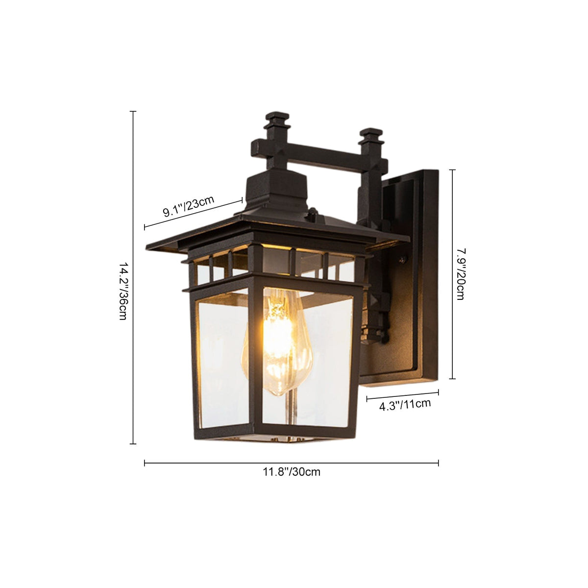1-Luce IP65 Nera Classica Lanterna Applique da Esterno Vetro Trasparente