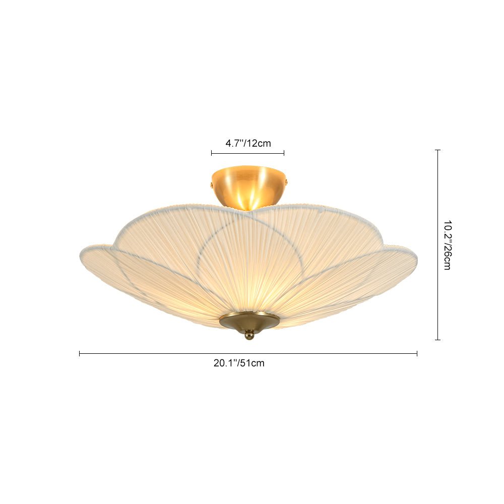 Lampada da soffitto semi-flush a 3 luci con paralume in tessuto plissettato a forma di fiore