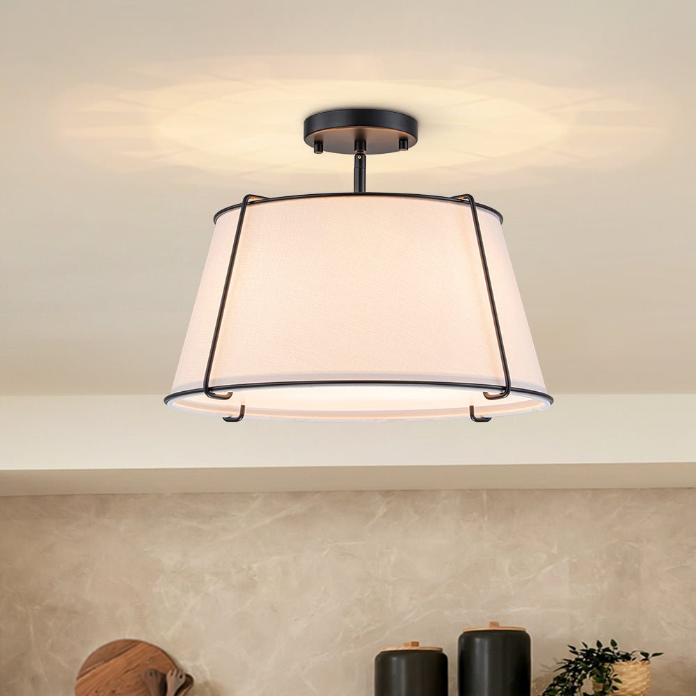 Plafoniera Semi Flush a Tamburo Svasato in Lino a 4 Luci