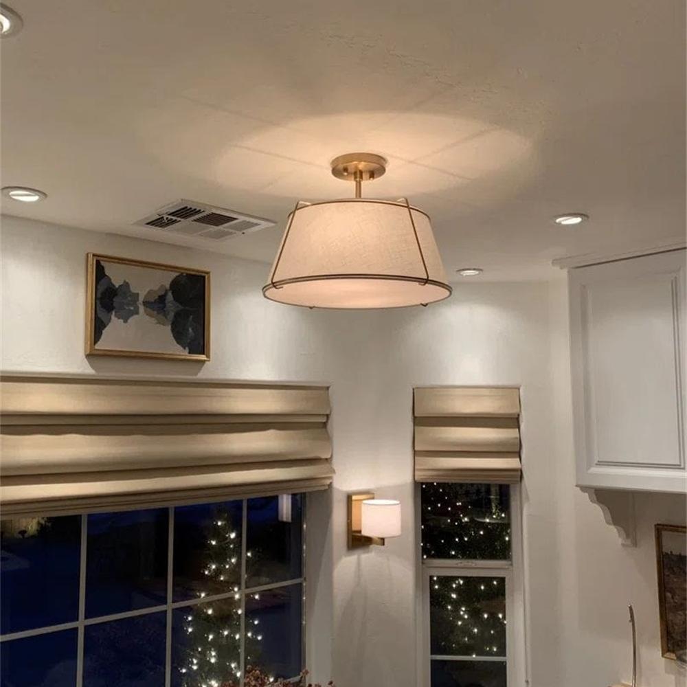 Plafoniera Semi Flush a Tamburo Svasato in Lino a 4 Luci