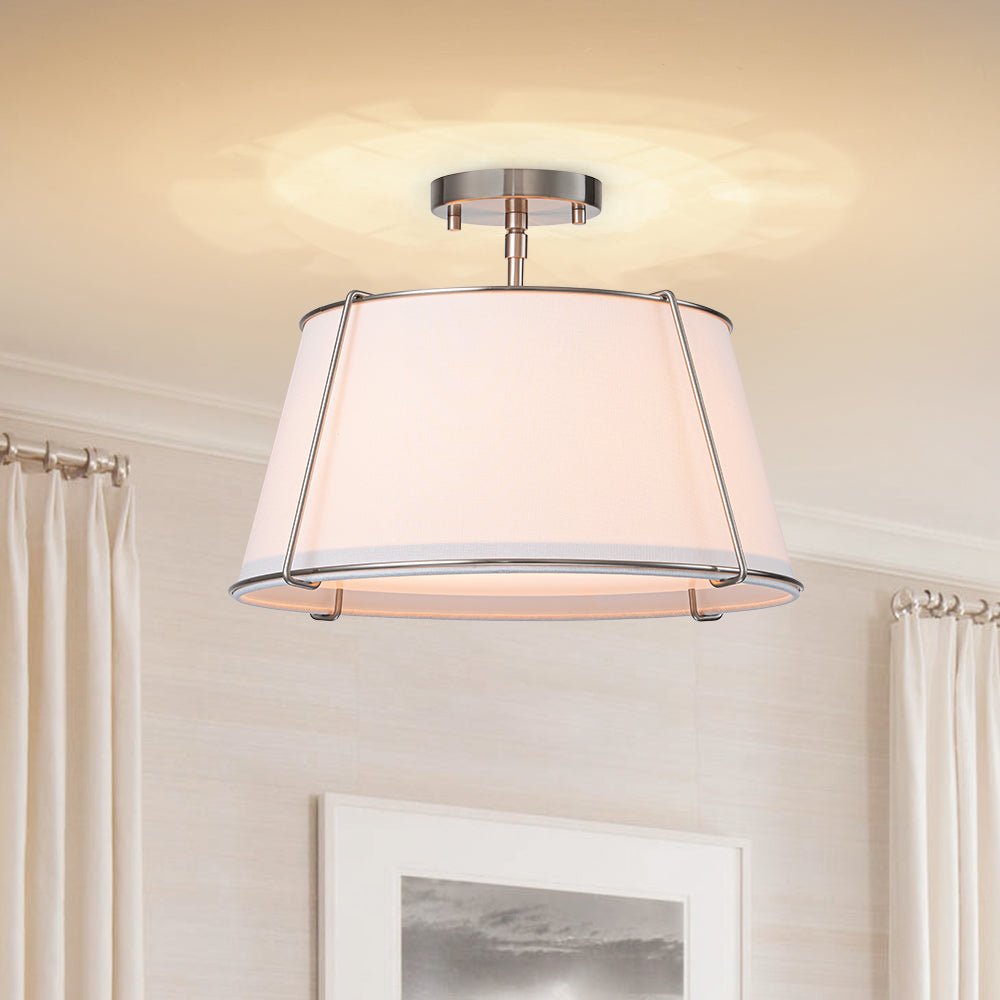 Plafoniera Semi Flush a Tamburo Svasato in Lino a 4 Luci