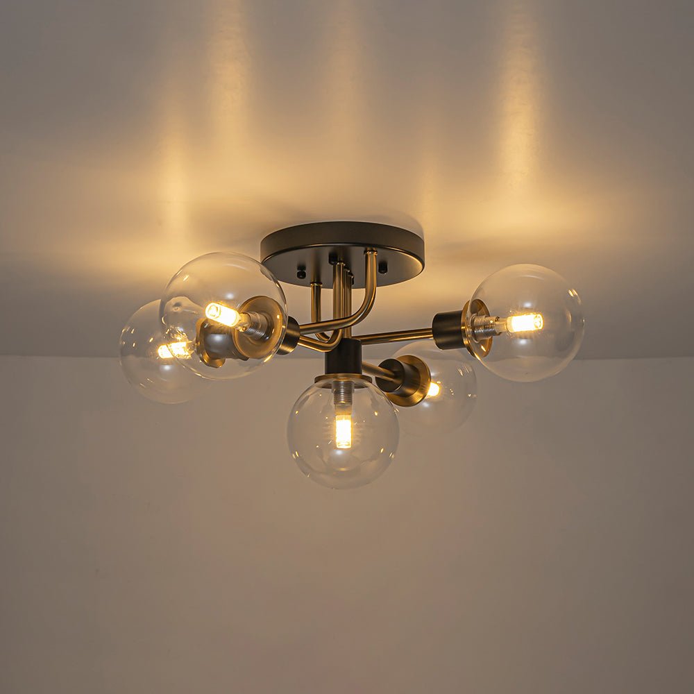 Lampada a soffitto semi-flush in vetro globulare Sputnik moderna nera e dorata a 5 luci
