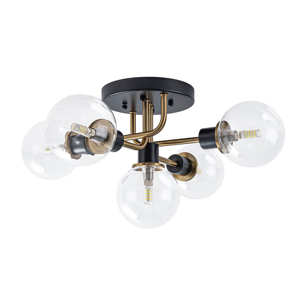 Lampada a soffitto semi-flush in vetro globulare Sputnik moderna nera e dorata a 5 luci