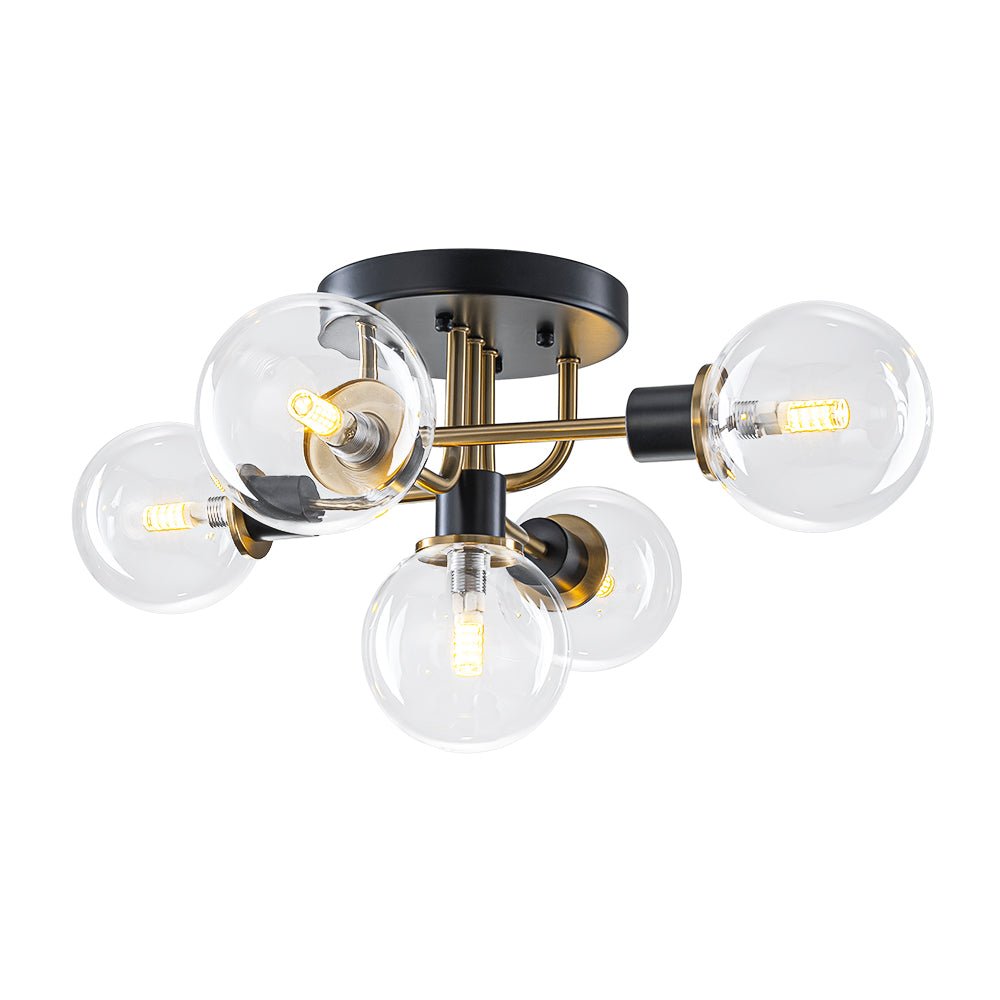 Lampada a soffitto semi-flush in vetro globulare Sputnik moderna nera e dorata a 5 luci