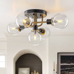 Lampada a soffitto semi-flush in vetro globulare Sputnik moderna nera e dorata a 5 luci