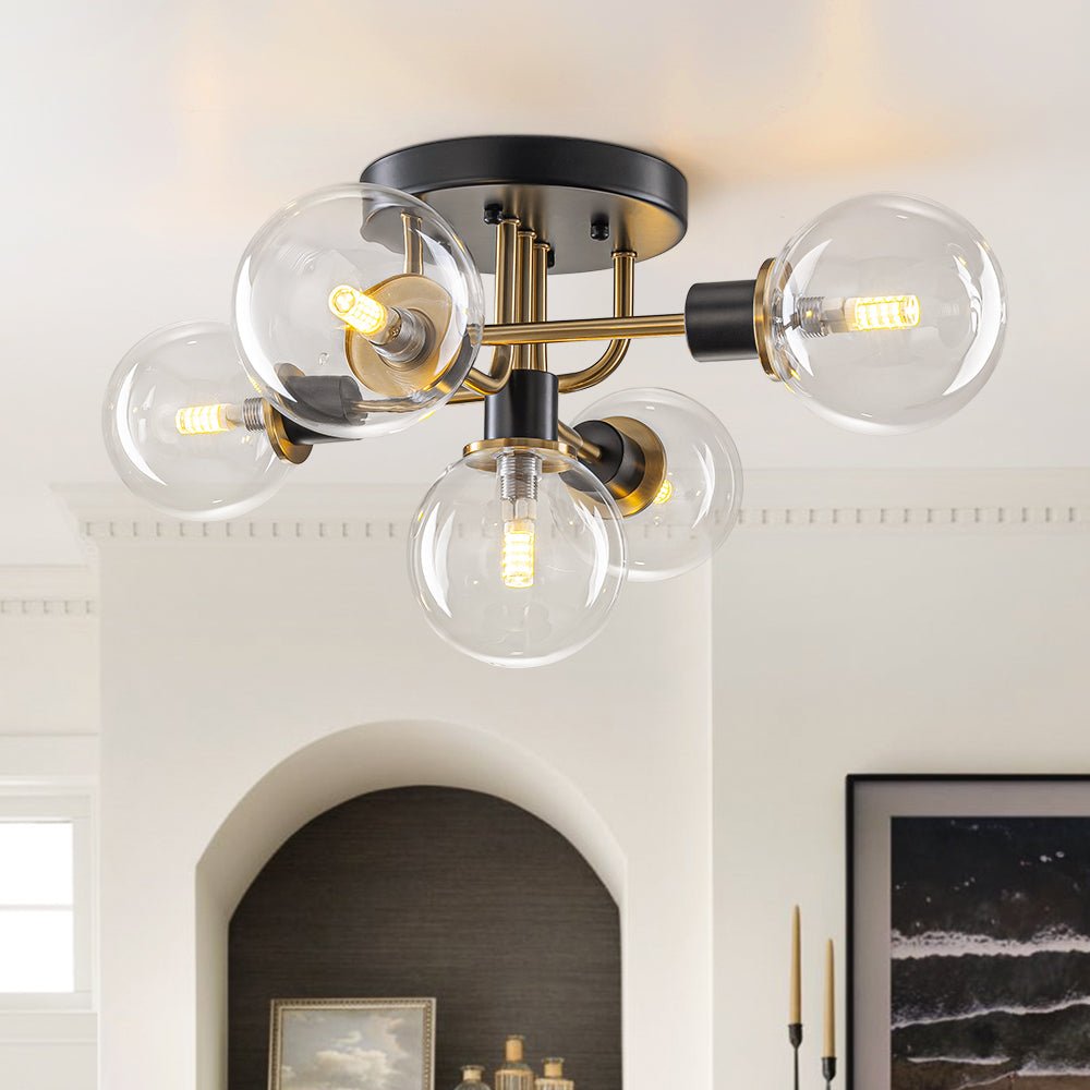 Lampada a soffitto semi-flush in vetro globulare Sputnik moderna nera e dorata a 5 luci