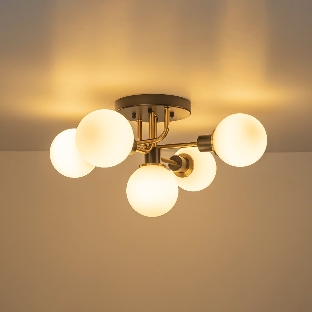 Lampada a soffitto semi-flush in vetro globulare Sputnik moderna nera e dorata a 5 luci
