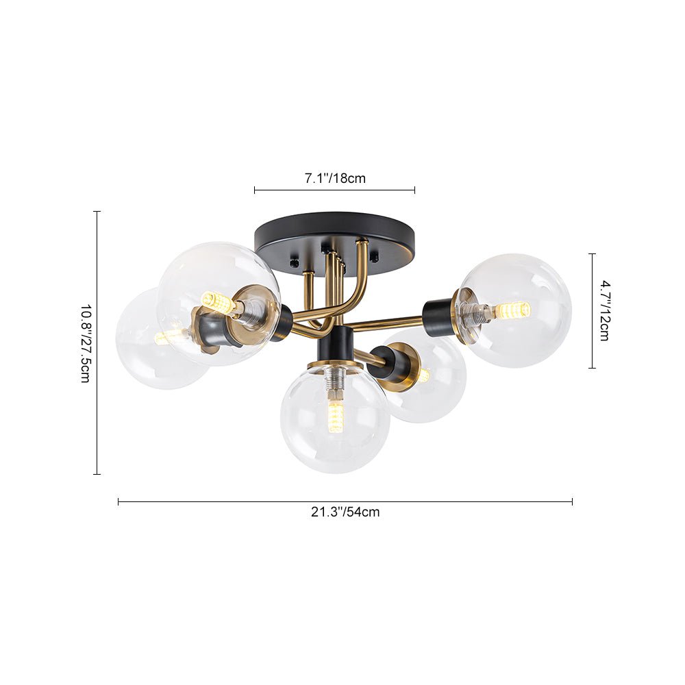 Lampada a soffitto semi-flush in vetro globulare Sputnik moderna nera e dorata a 5 luci