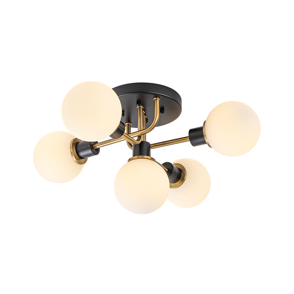 Lampada a soffitto semi-flush in vetro globulare Sputnik moderna nera e dorata a 5 luci