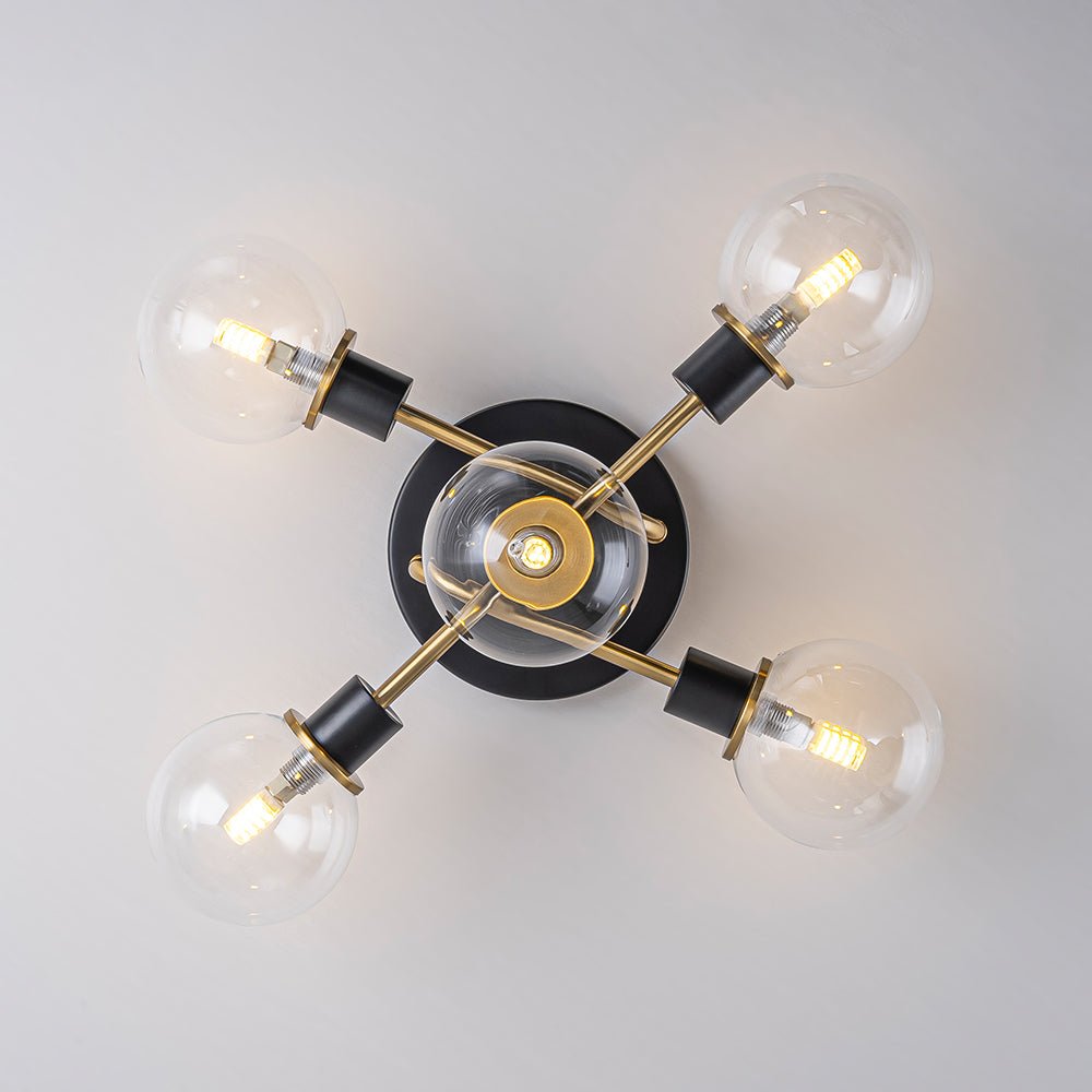Lampada a soffitto semi-flush in vetro globulare Sputnik moderna nera e dorata a 5 luci