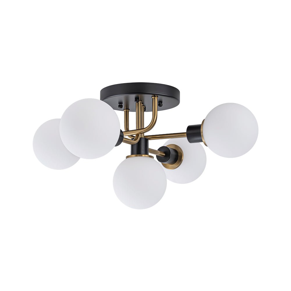 Lampada a soffitto semi-flush in vetro globulare Sputnik moderna nera e dorata a 5 luci