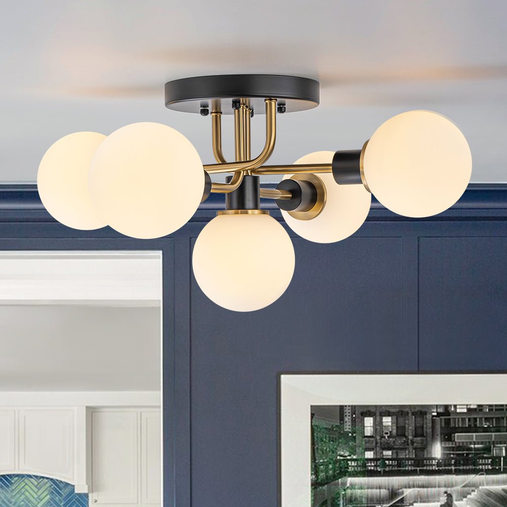 Lampada a soffitto semi-flush in vetro globulare Sputnik moderna nera e dorata a 5 luci