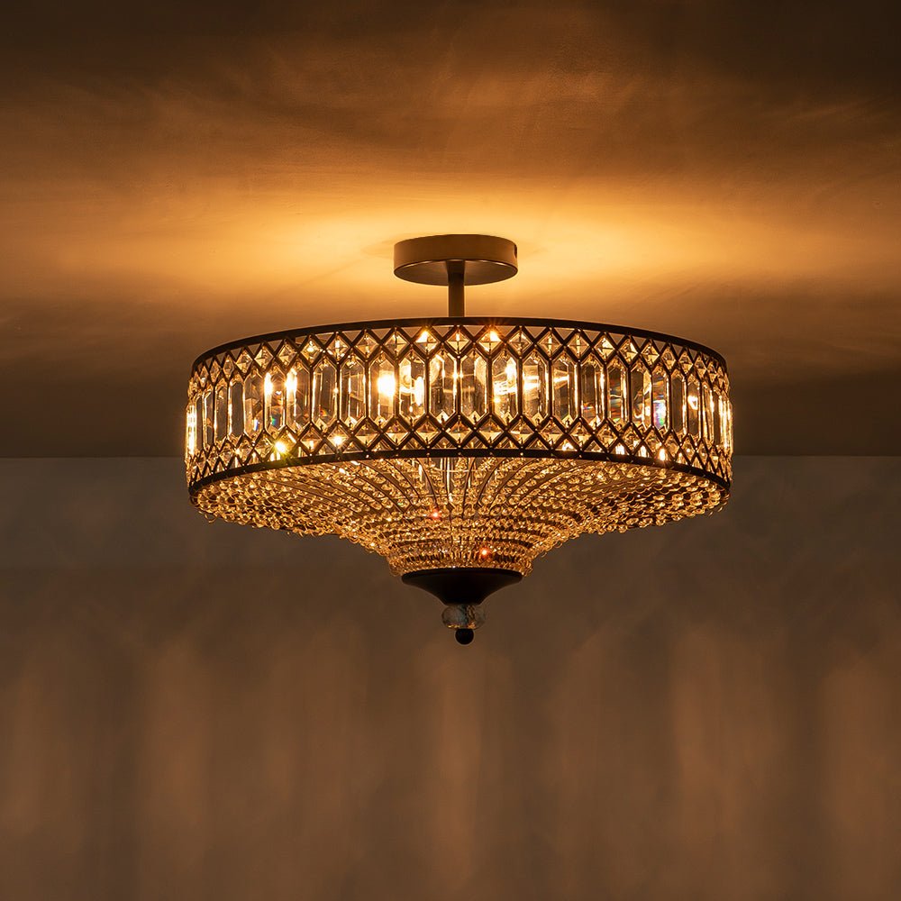 Lampada a soffitto semi-flush a tamburo glamour a 6 luci con cristallo per corridoio