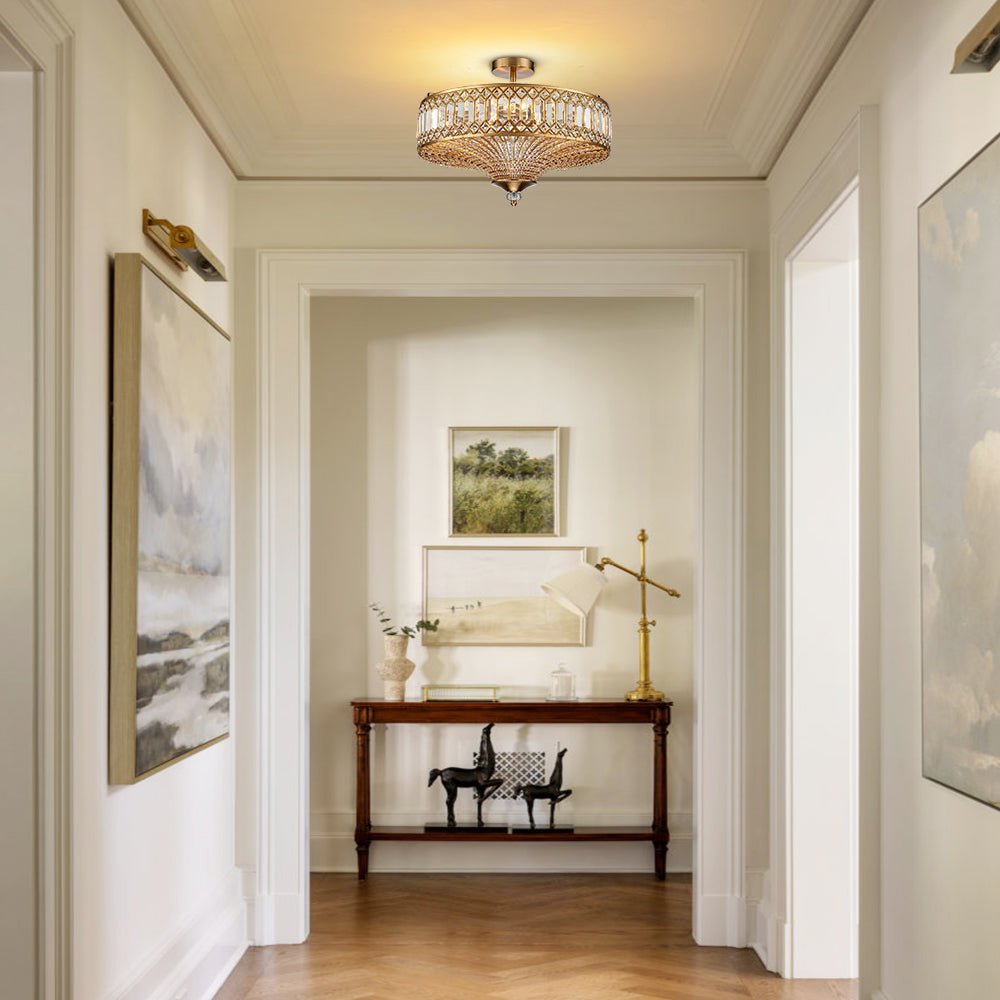 Lampada a soffitto semi-flush a tamburo glamour a 6 luci con cristallo per corridoio