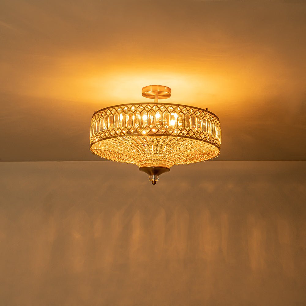 Lampada a soffitto semi-flush a tamburo glamour a 6 luci con cristallo per corridoio