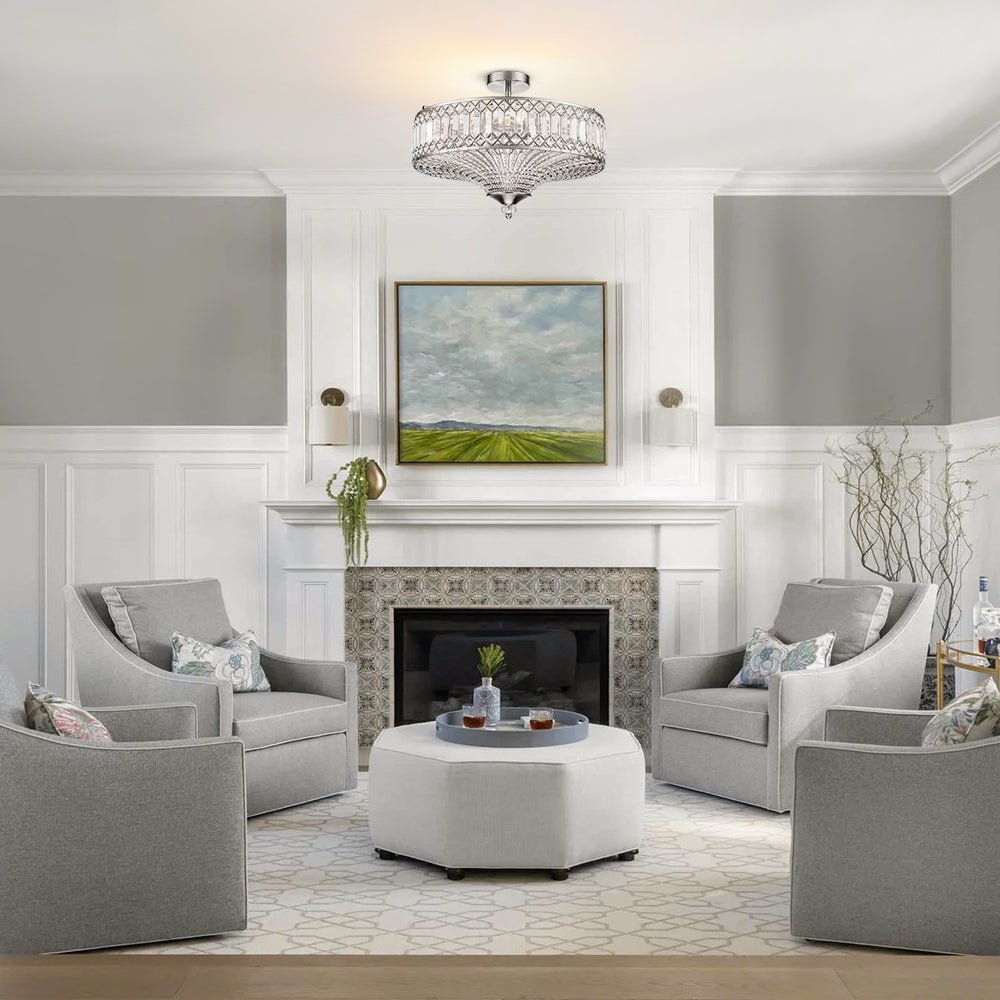 Lampada a soffitto semi-flush a tamburo glamour a 6 luci con cristallo per corridoio
