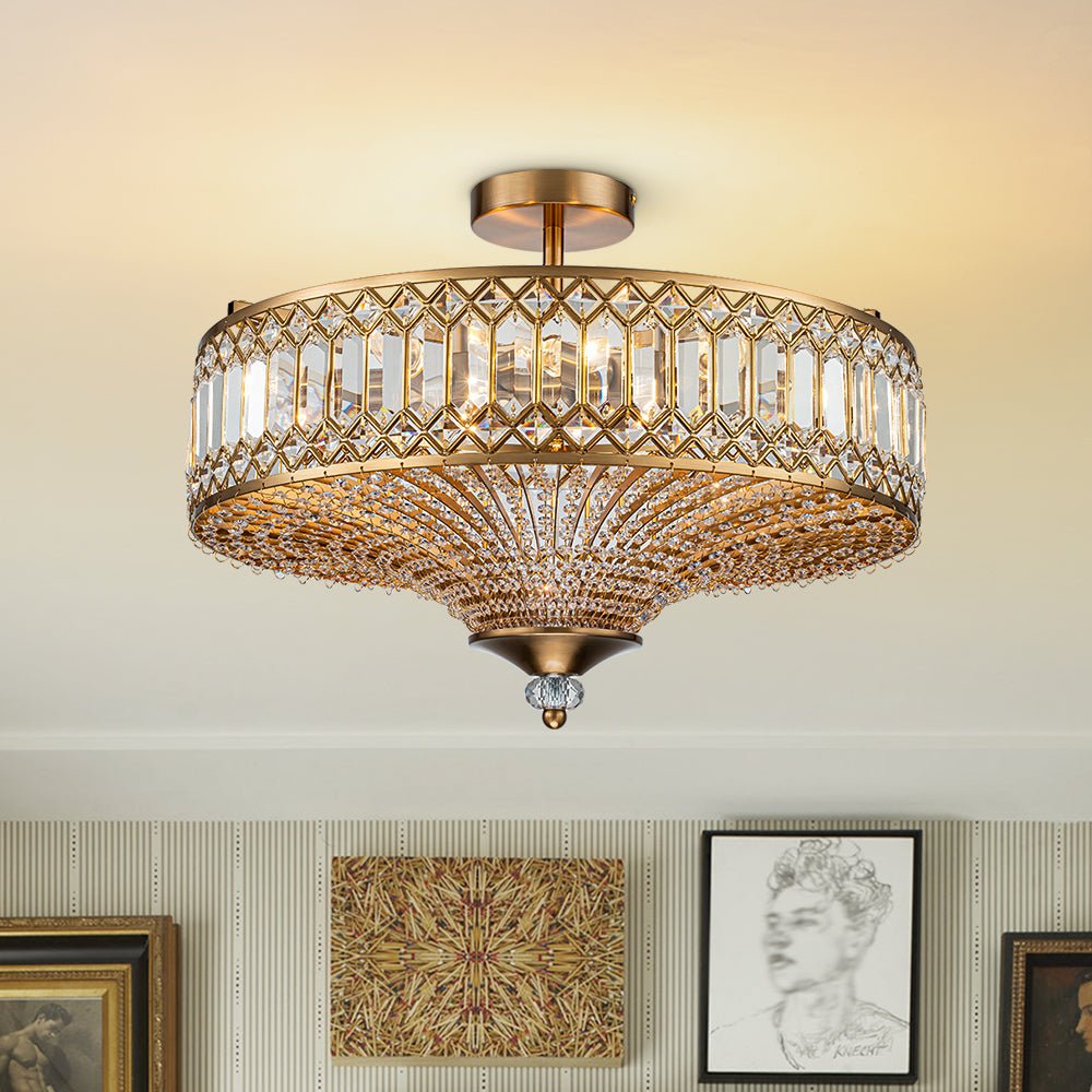 Lampada a soffitto semi-flush a tamburo glamour a 6 luci con cristallo per corridoio