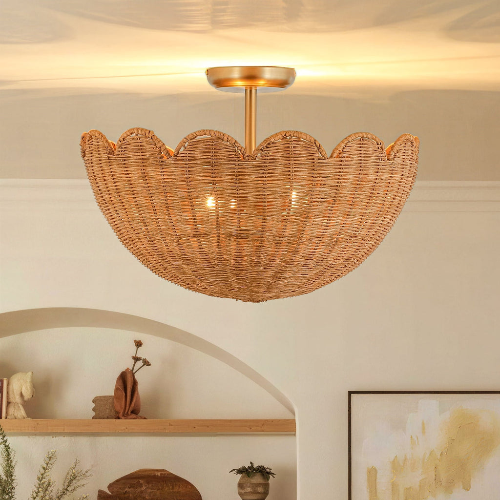 Boho Farmhouse Applique Semi Flush Montato in Rattan Intrecciato a Mano con 2 Luci e Design a Ciotola Scallop