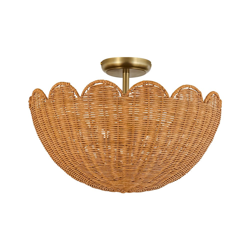 Boho Farmhouse Applique Semi Flush Montato in Rattan Intrecciato a Mano con 2 Luci e Design a Ciotola Scallop