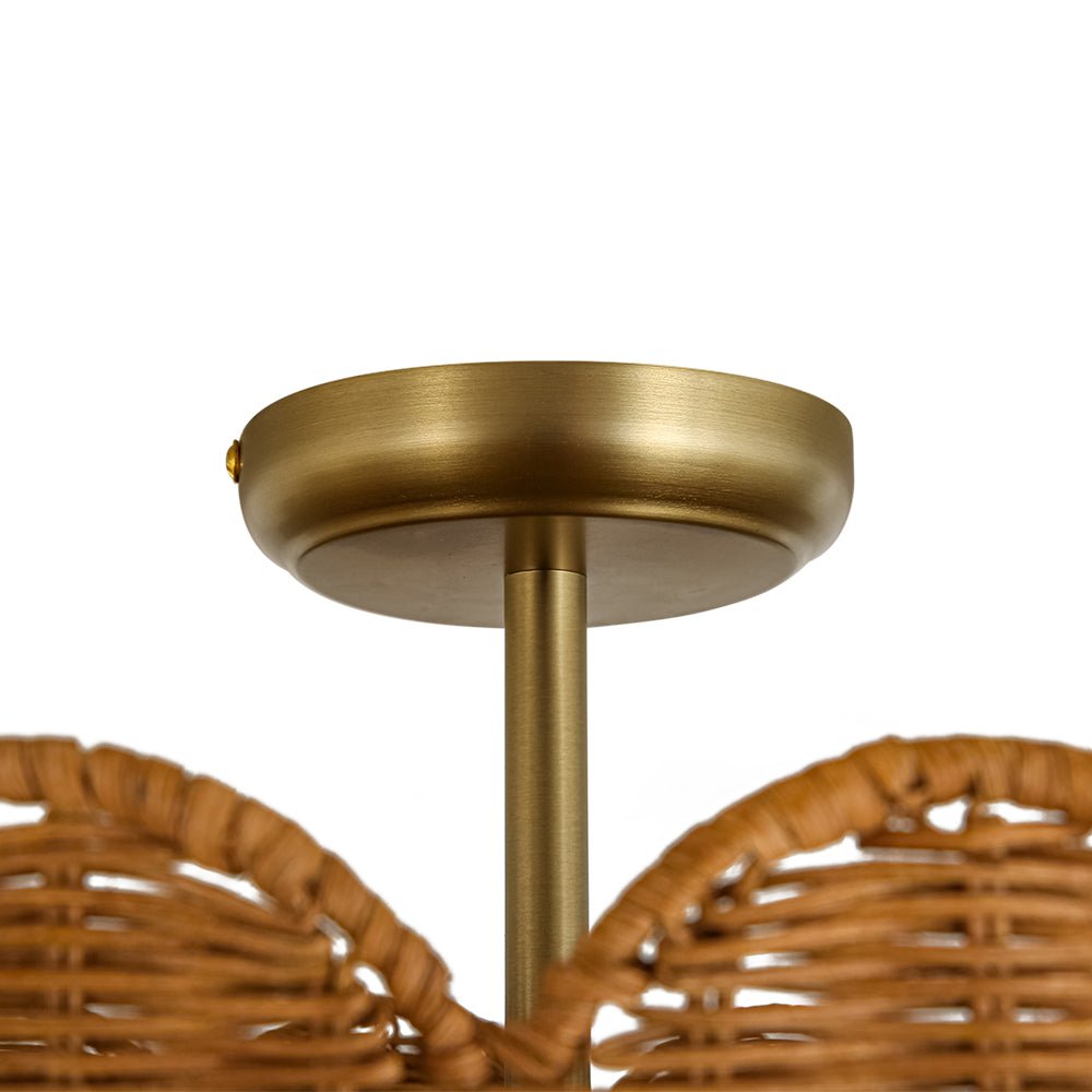 Boho Farmhouse Applique Semi Flush Montato in Rattan Intrecciato a Mano con 2 Luci e Design a Ciotola Scallop