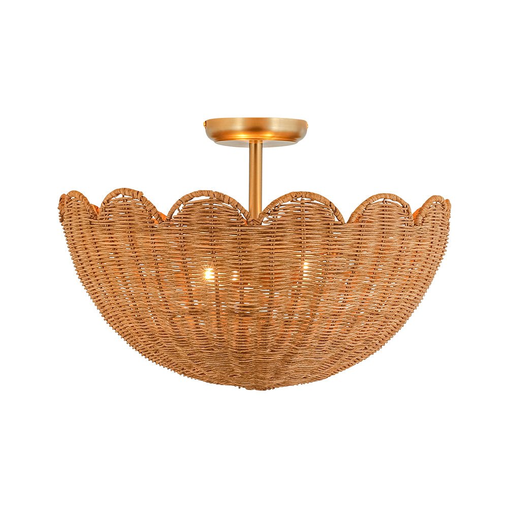 Boho Farmhouse Applique Semi Flush Montato in Rattan Intrecciato a Mano con 2 Luci e Design a Ciotola Scallop