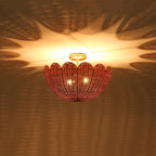 Boho Farmhouse Applique Semi Flush Montato in Rattan Intrecciato a Mano con 2 Luci e Design a Ciotola Scallop