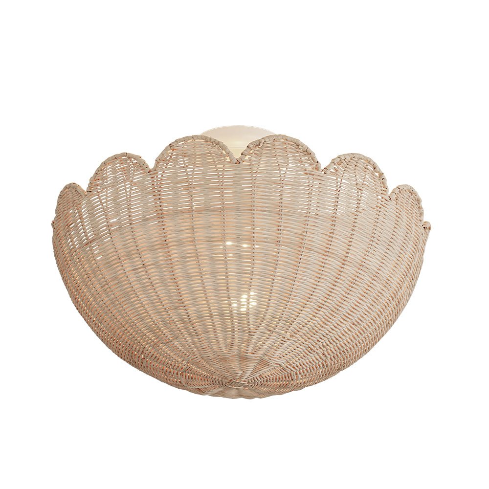 Boho Farmhouse Applique Semi Flush Montato in Rattan Intrecciato a Mano con 2 Luci e Design a Ciotola Scallop