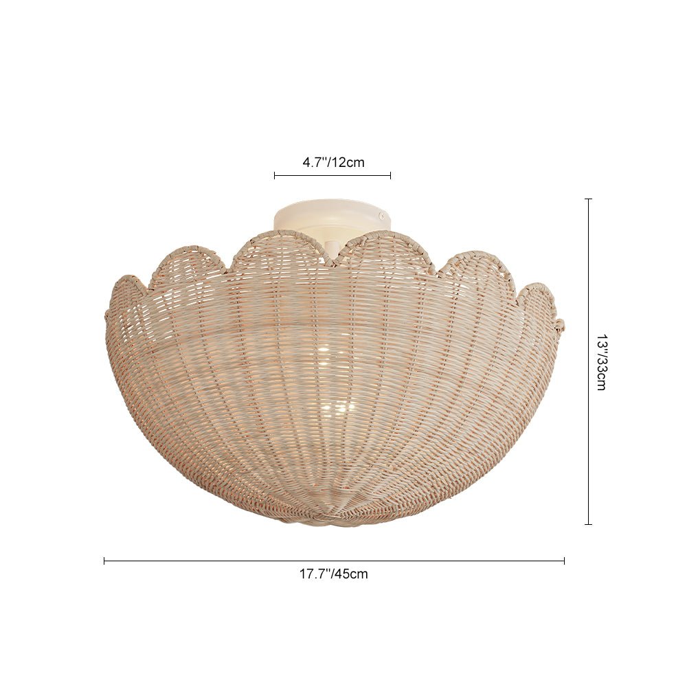 Boho Farmhouse Applique Semi Flush Montato in Rattan Intrecciato a Mano con 2 Luci e Design a Ciotola Scallop