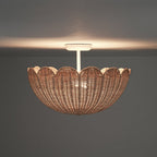 Boho Farmhouse Applique Semi Flush Montato in Rattan Intrecciato a Mano con 2 Luci e Design a Ciotola Scallop