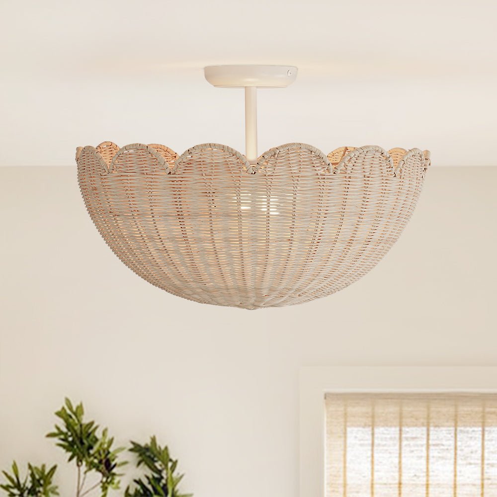 Boho Farmhouse Applique Semi Flush Montato in Rattan Intrecciato a Mano con 2 Luci e Design a Ciotola Scallop