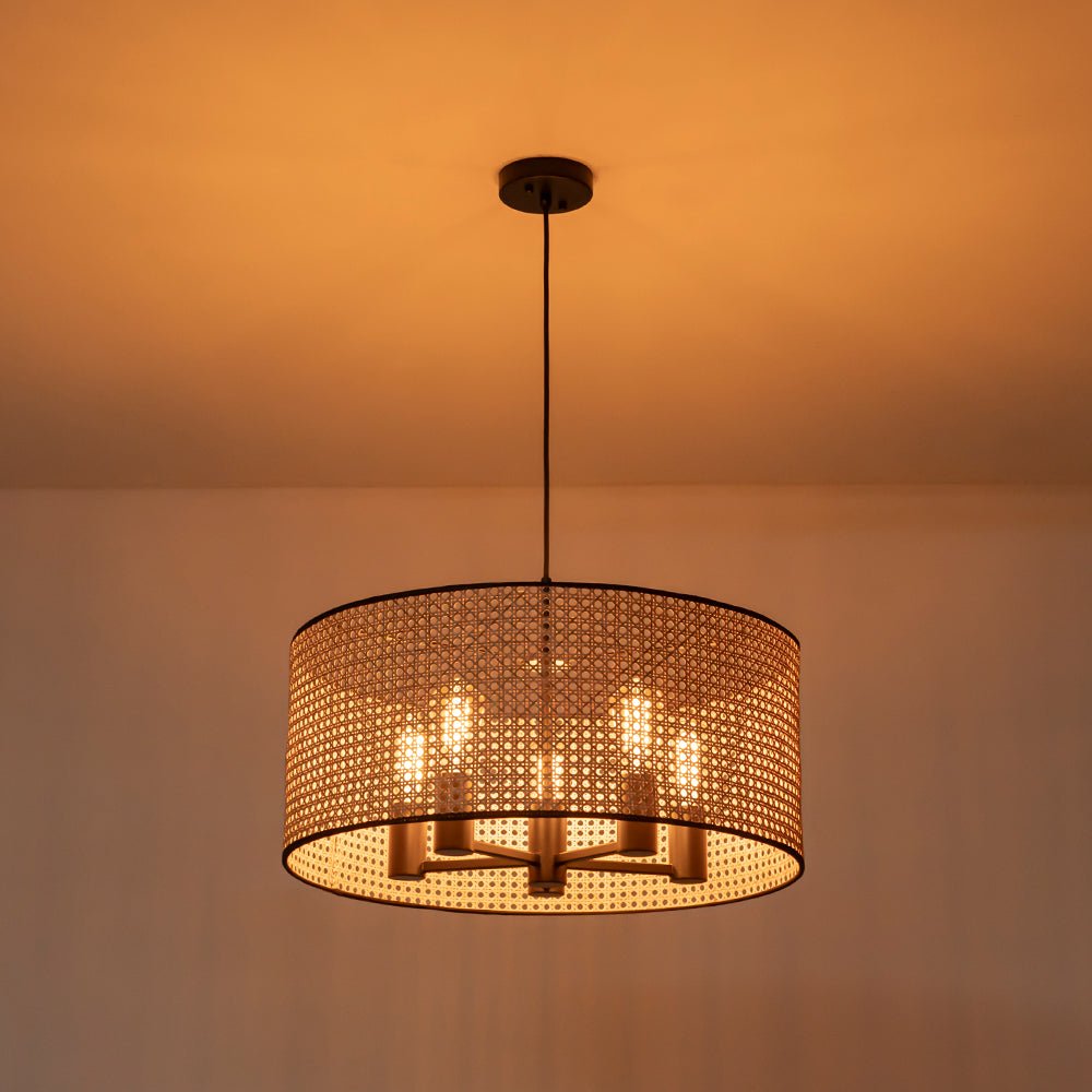Lampadario a tamburo in rattan intrecciato a mano Boho