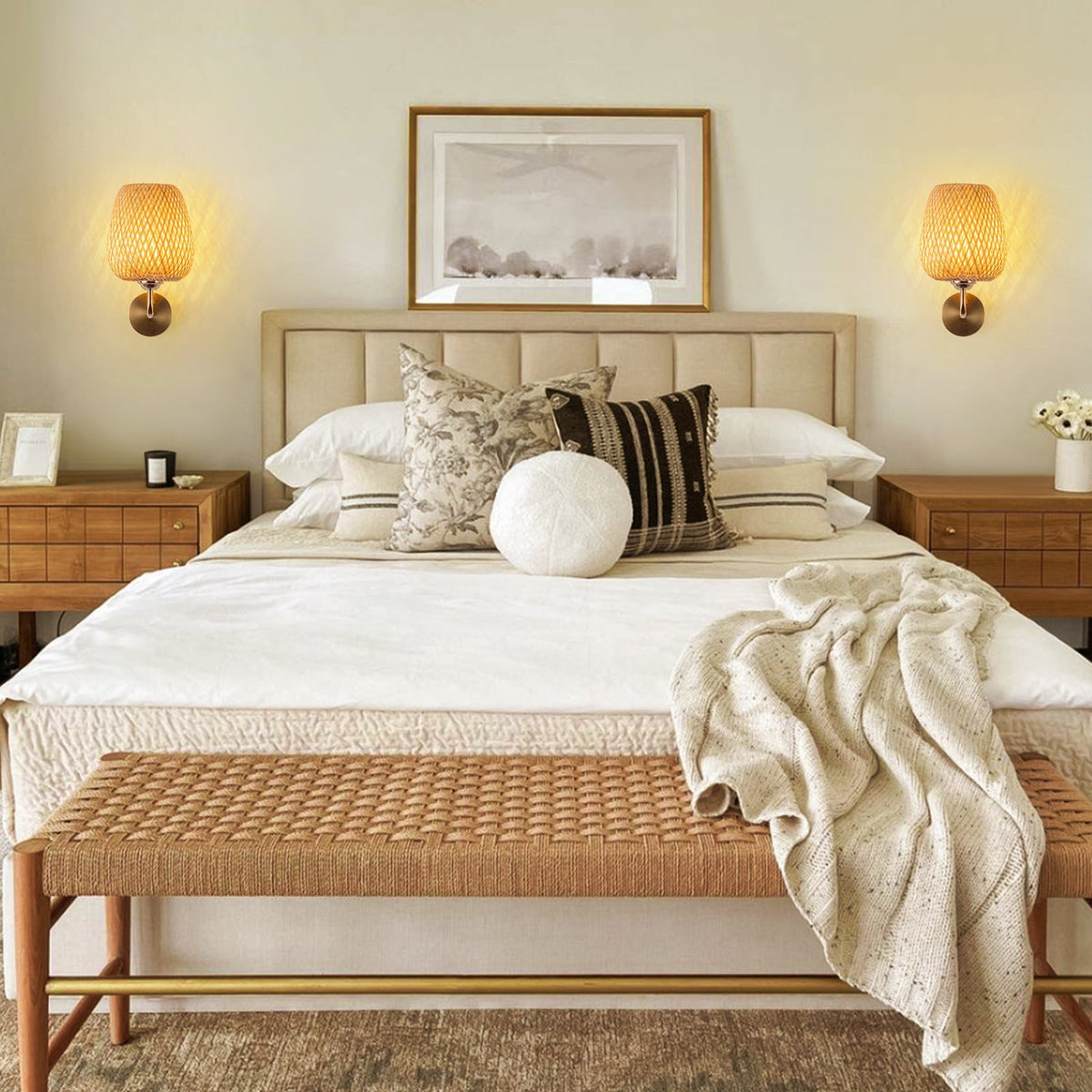 Applique da parete rotonda in rattan intrecciato a mano con 1 luce contemporanea