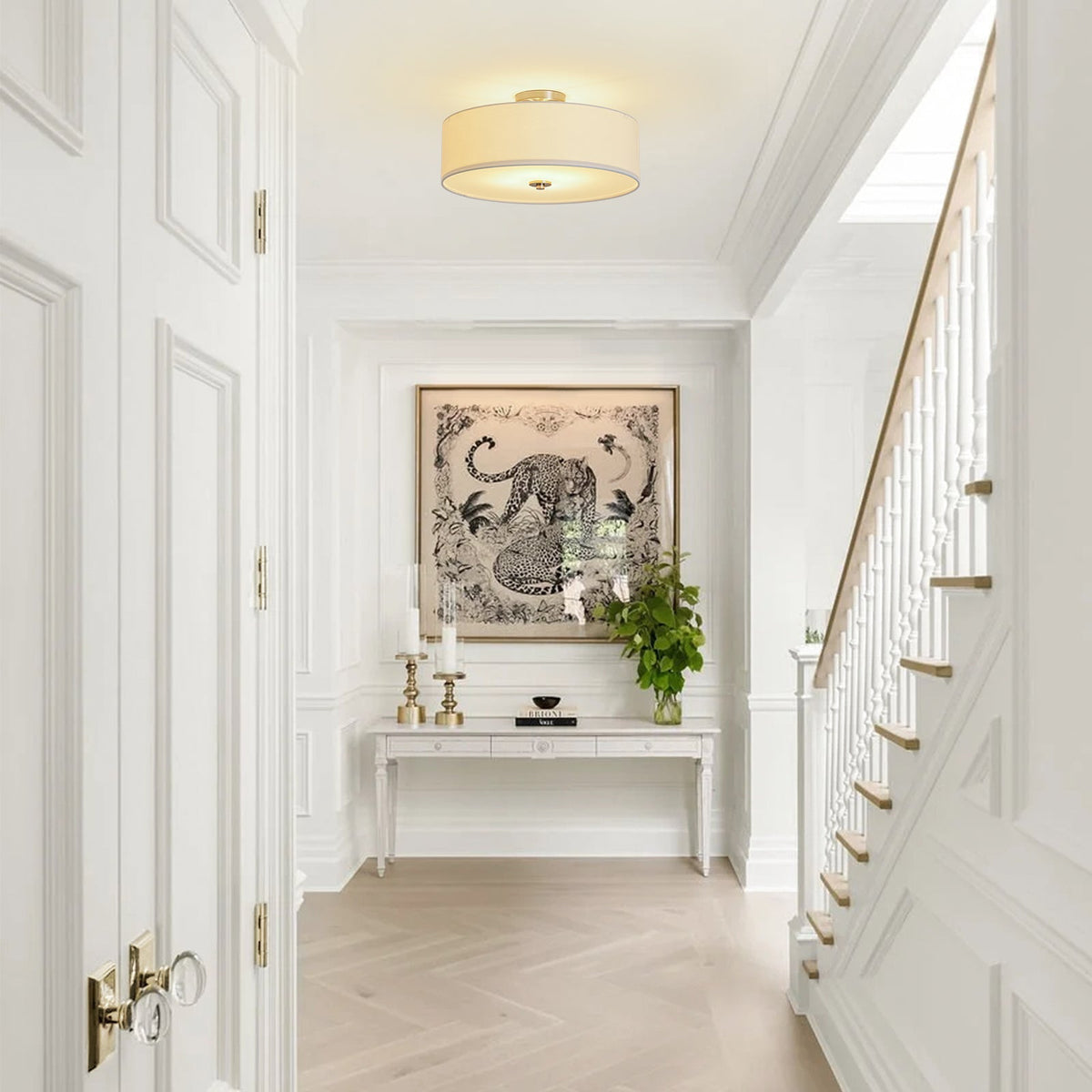 Lampada da soffitto semi-flush in tessuto lino a 4 luci contemporanea