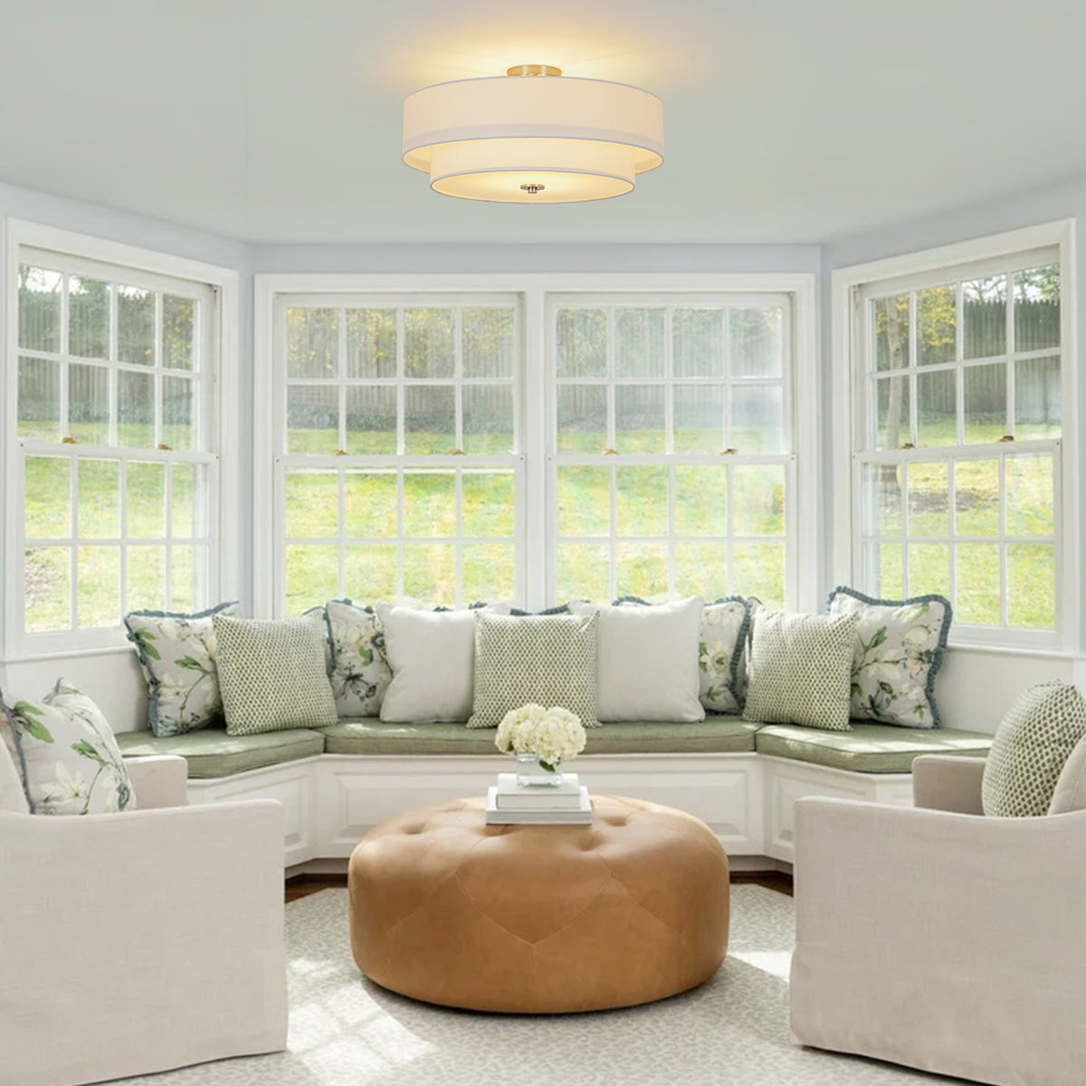 Lampada da soffitto semi-flush in tessuto lino a 4 luci contemporanea