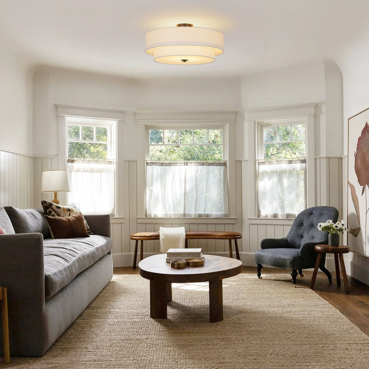 Lampada da soffitto semi-flush in tessuto lino a 4 luci contemporanea