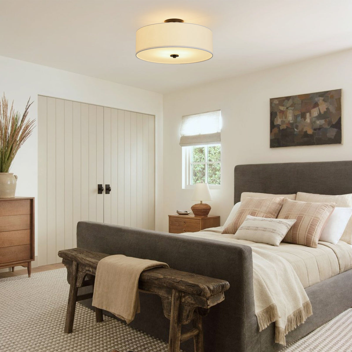 Lampada da soffitto semi-flush in tessuto lino a 4 luci contemporanea