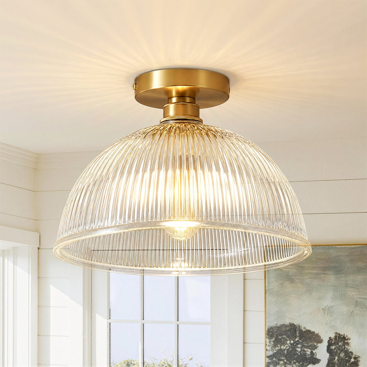 Lampada da soffitto semi a cupola in vetro trasparente a righe con 1 luce