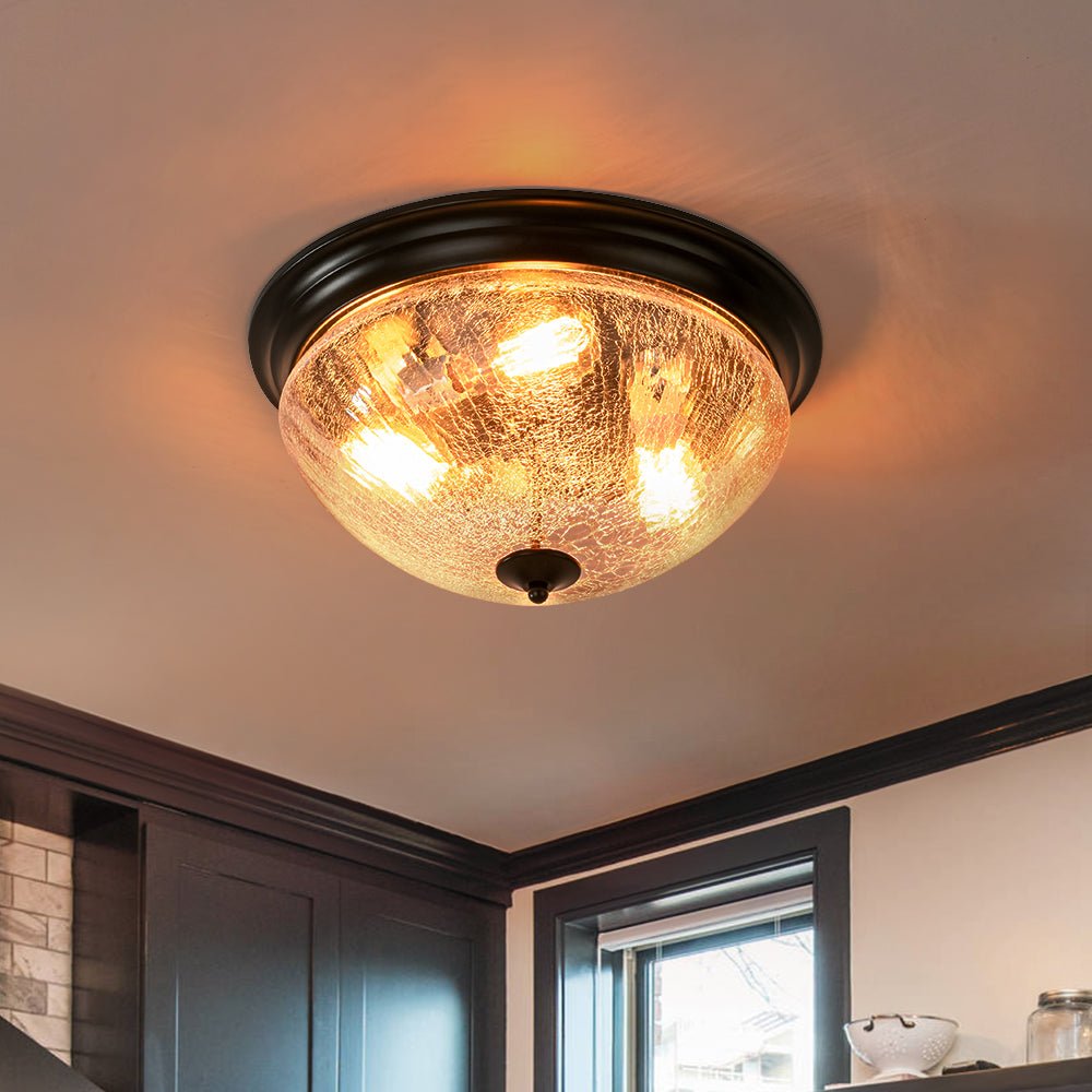Lampada da soffitto a ciotola in vetro crackle con 3 luci per soffitti bassi