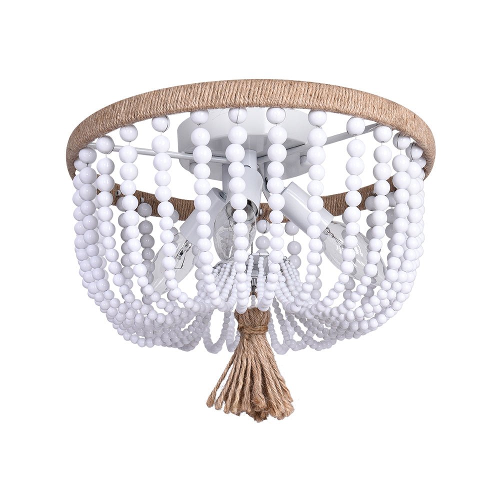 Lampadario da Fattoria a 3 Luci con Filo di Canapa e Perle Bianche