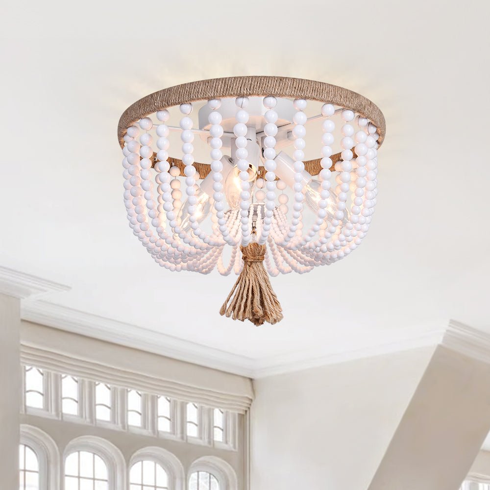 Lampadario da Fattoria a 3 Luci con Filo di Canapa e Perle Bianche