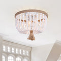 Lampadario da Fattoria a 3 Luci con Filo di Canapa e Perle Bianche