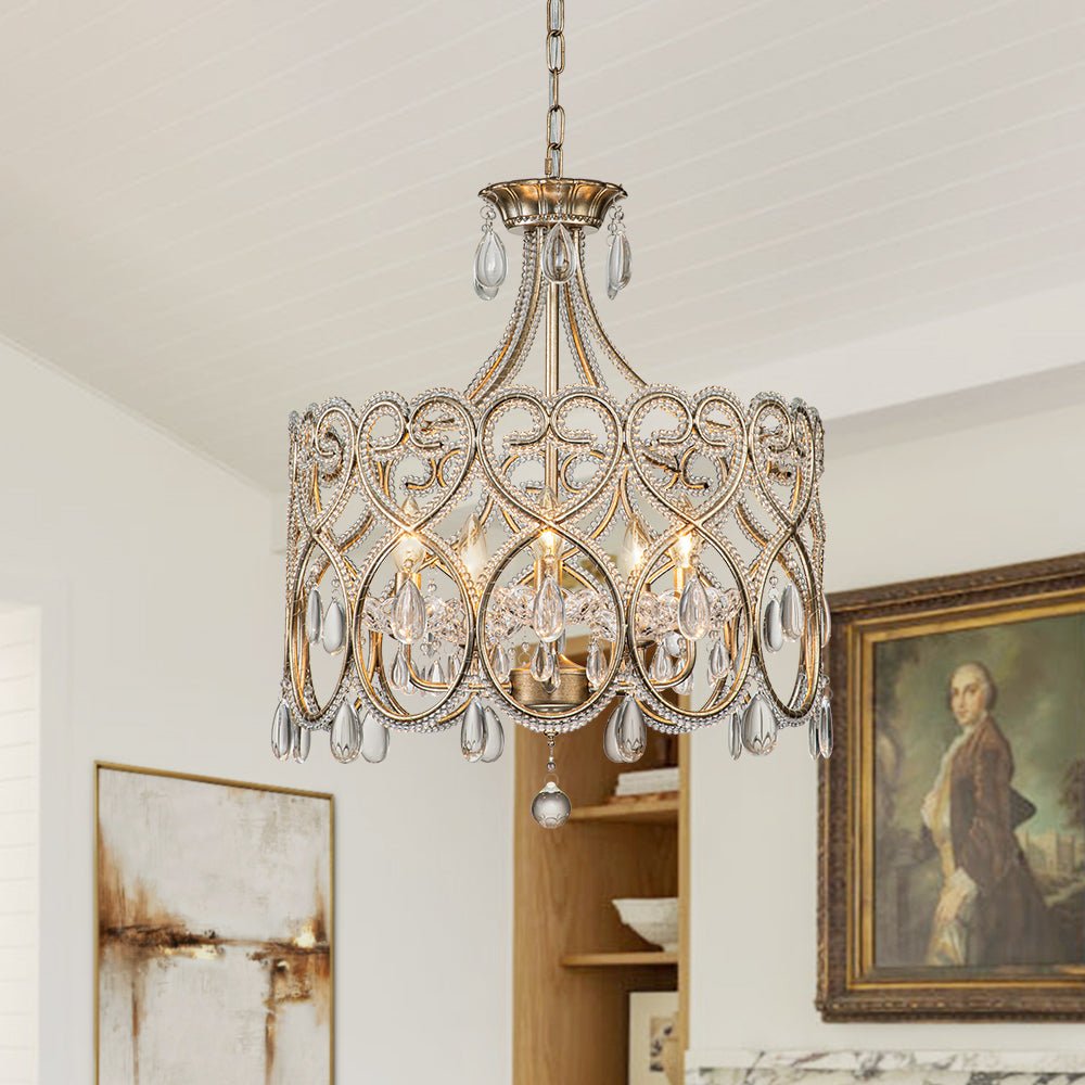 Lampadario a Tamburo Vintage in Cristallo con 5 Luci in Stile Francese