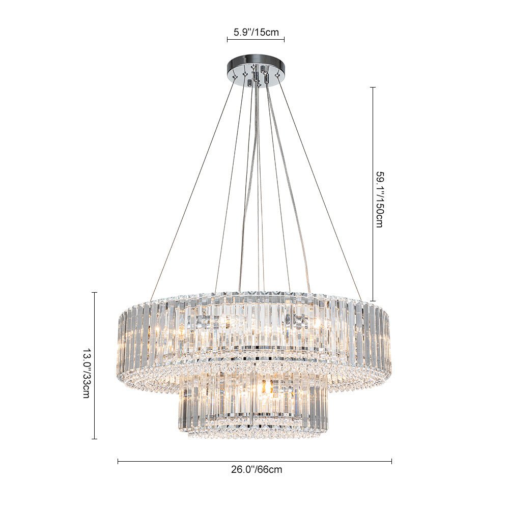 Lampadario a Tamburo Rotondo a Strati con Accenti in Cristallo di Lusso a 12 Luci