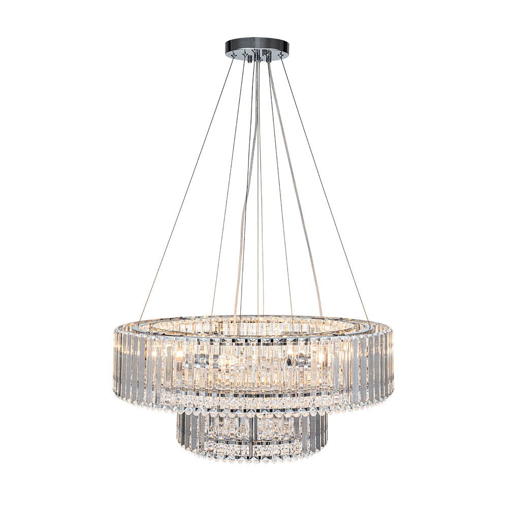 Lampadario a Tamburo Rotondo a Strati con Accenti in Cristallo di Lusso a 12 Luci